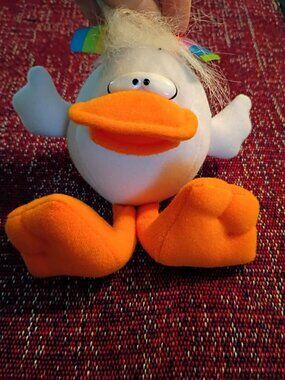 Vintage 1999 Trendmasters Plush Duck With Rainbow Bow & Orange Feet - Collectibl